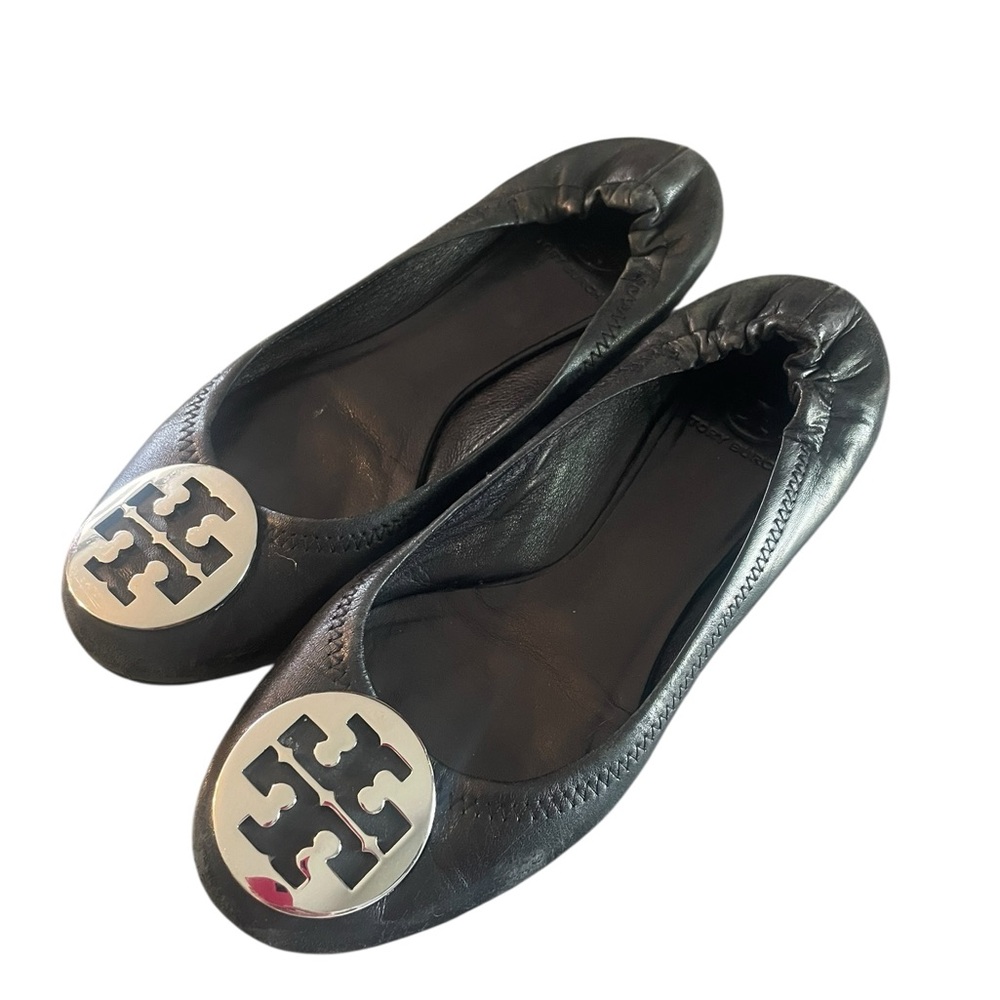 Tory Burch Black Leather Flats with Silver Logo